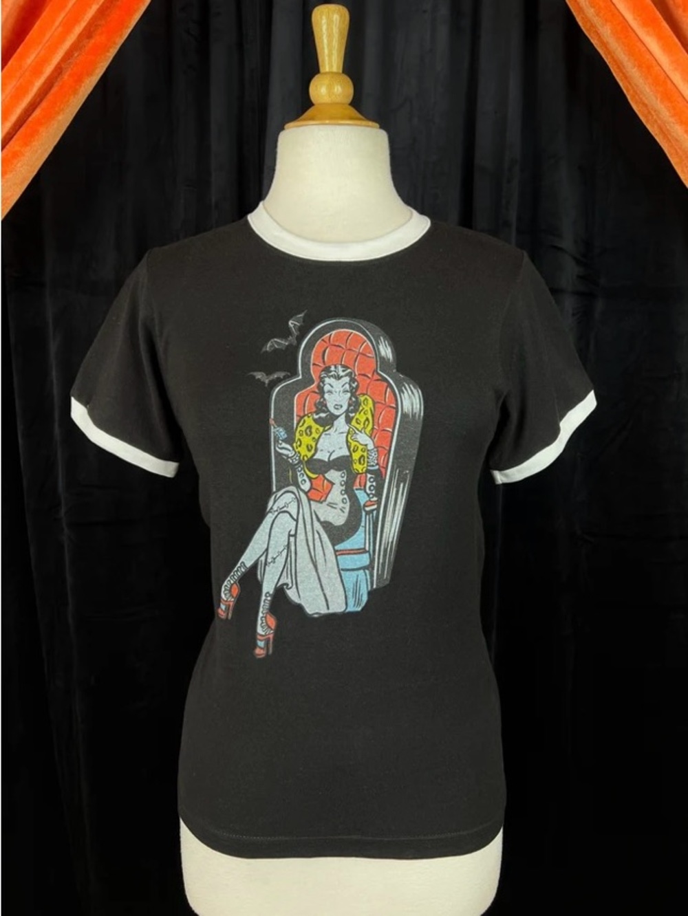 Mischief made-Coffin beauty-Black Ringer Tee with Vintage Pinup Graphic-size